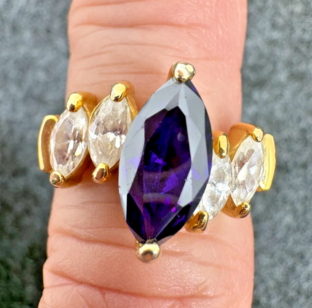 Vintage ESPO Signed Gold Plated Marquise Purple Stone Statement Cocktail Ring